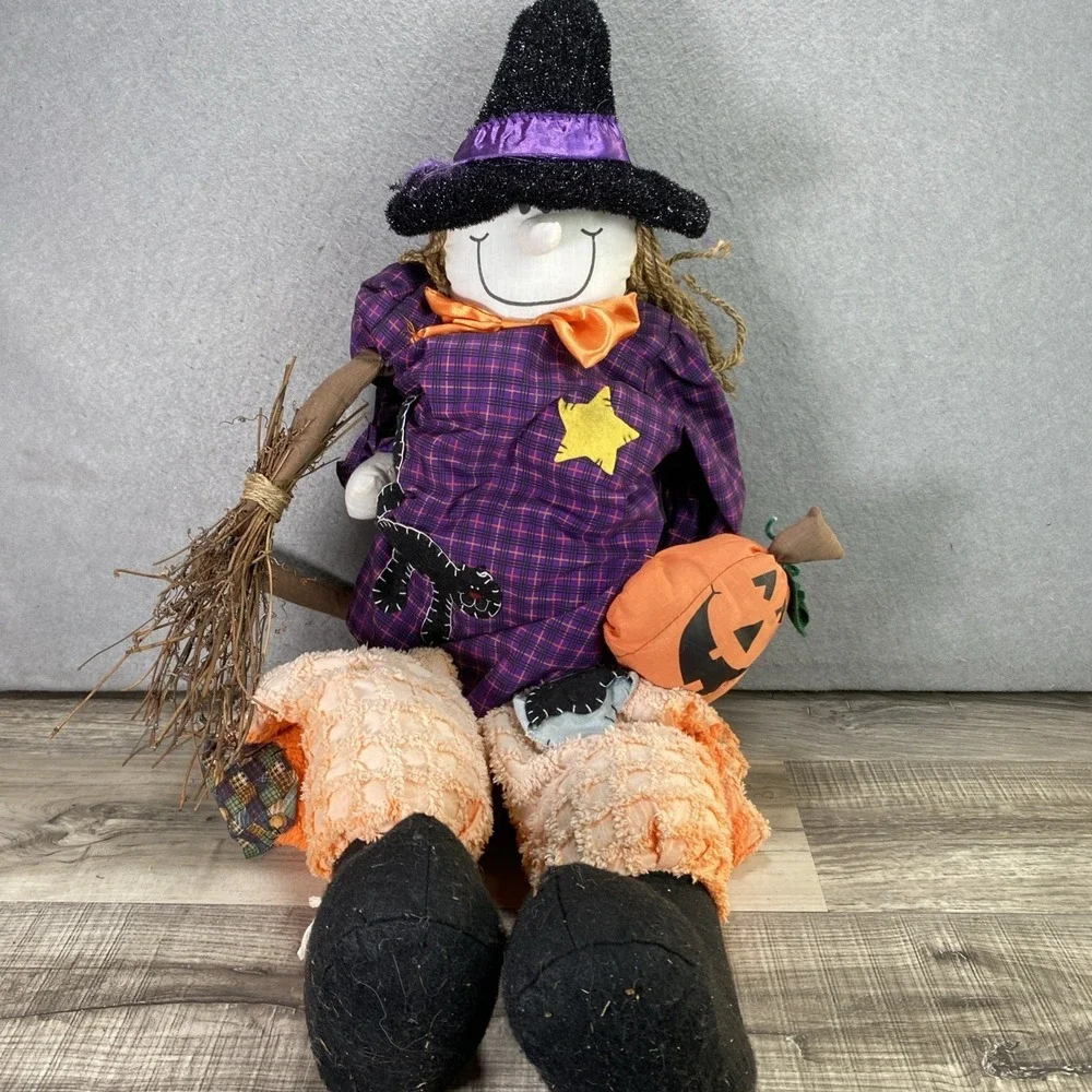 Halloween Scarecrow Witch Yard Decoration Plush Black Cat Pumpkin 5' Tall